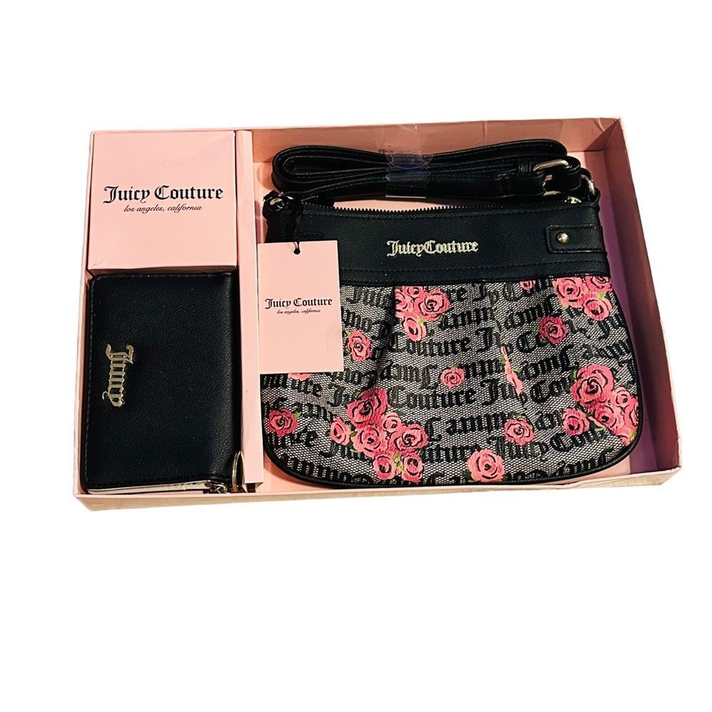 NWT Juicy Couture Black & Red Floral Print Crossbody & Wallet Gift Set